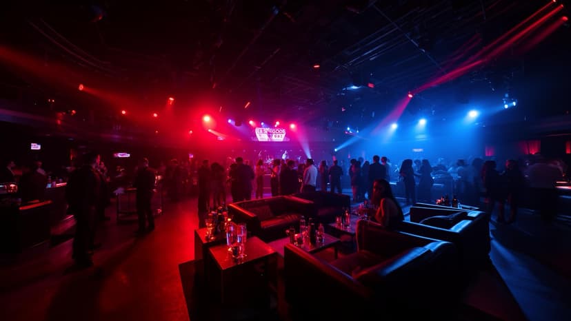Atmospheric nightclub event with red and blue lighting