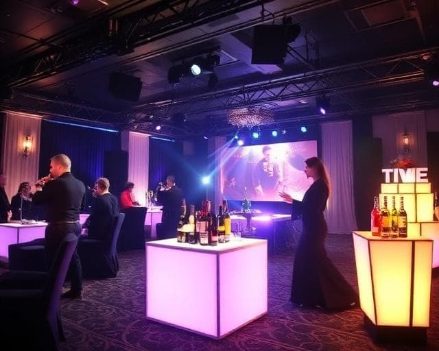 VIP lounge event with illuminated furniture and bottle service