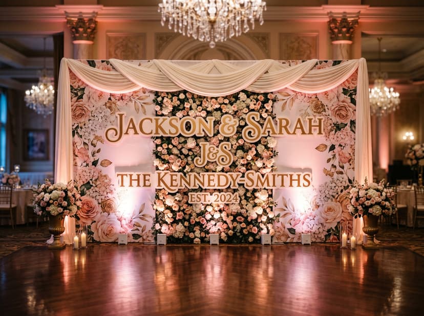 Custom reception backdrop and step-and-repeat wall with dimensional monogram at a Las Vegas wedding