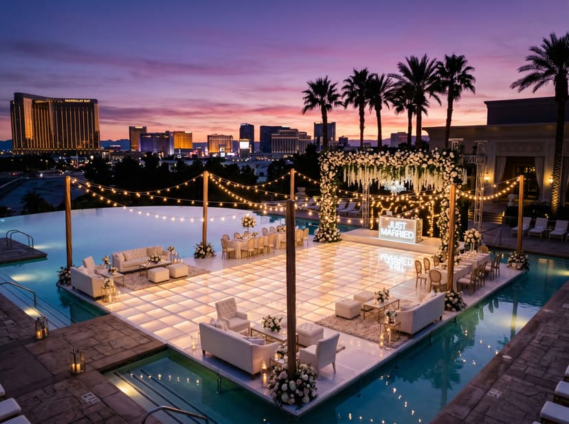 Custom dance floor installed over a Las Vegas resort pool for a wedding reception